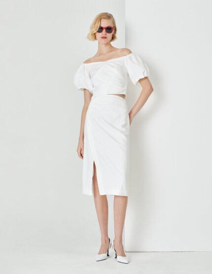 MARYLING White Puff Neck Pleated Pleated Top